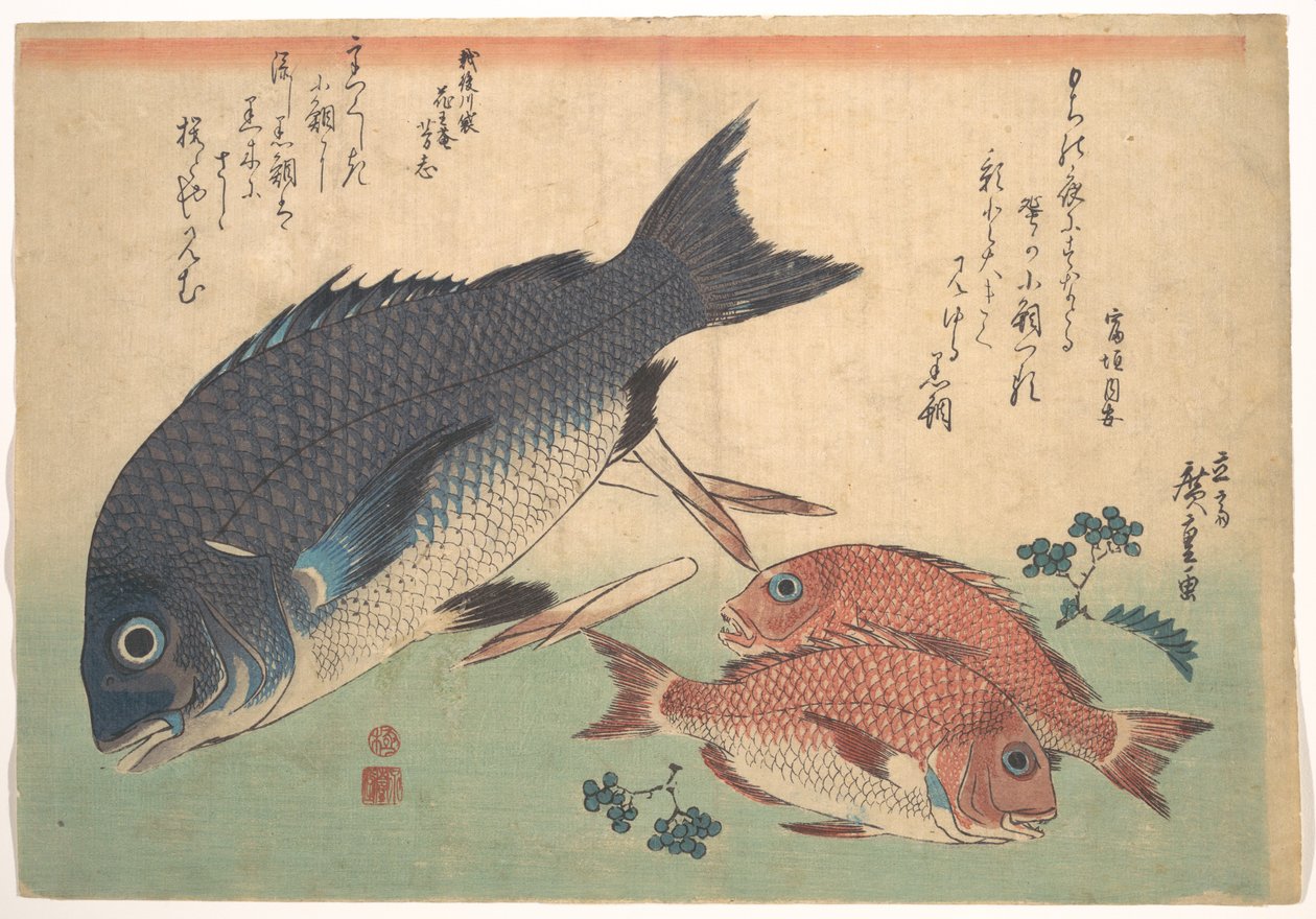 Peixes Kurodai e Kodai com rebentos de bambu e bagas, da série «Uozukushi» (Todas as variedades de peixe) de Utagawa Hiroshige