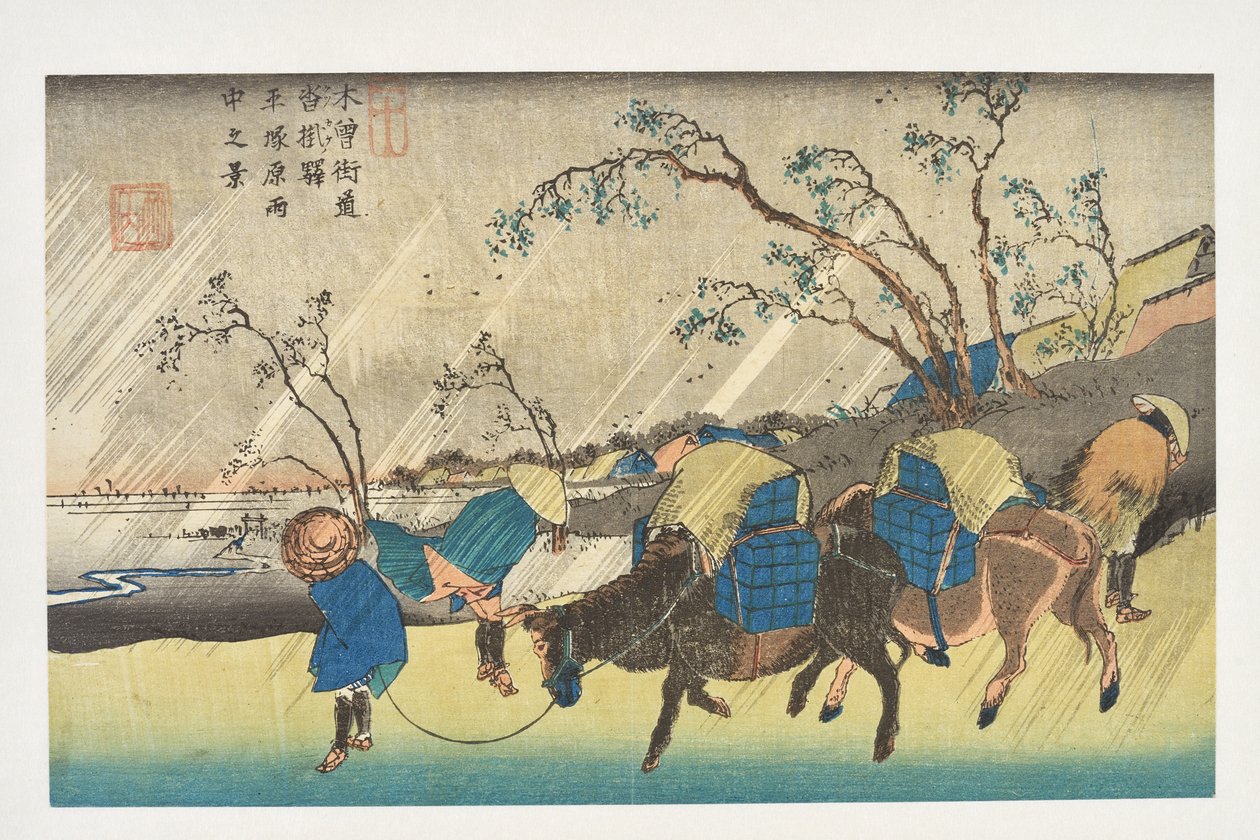 Kutsukake: Vista da chuva sobre a planície de Hiratsuka, da série «As 69 estações da Kisokaidō» de Utagawa Hiroshige