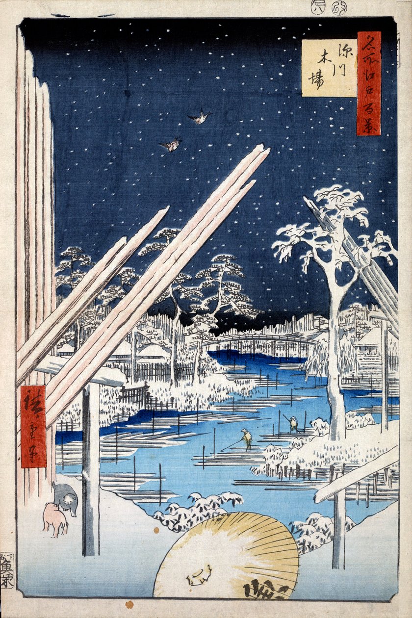 Madeireiras em Fukagawa Cem vistas famosas de Edo, 1856-1858. de Utagawa Hiroshige