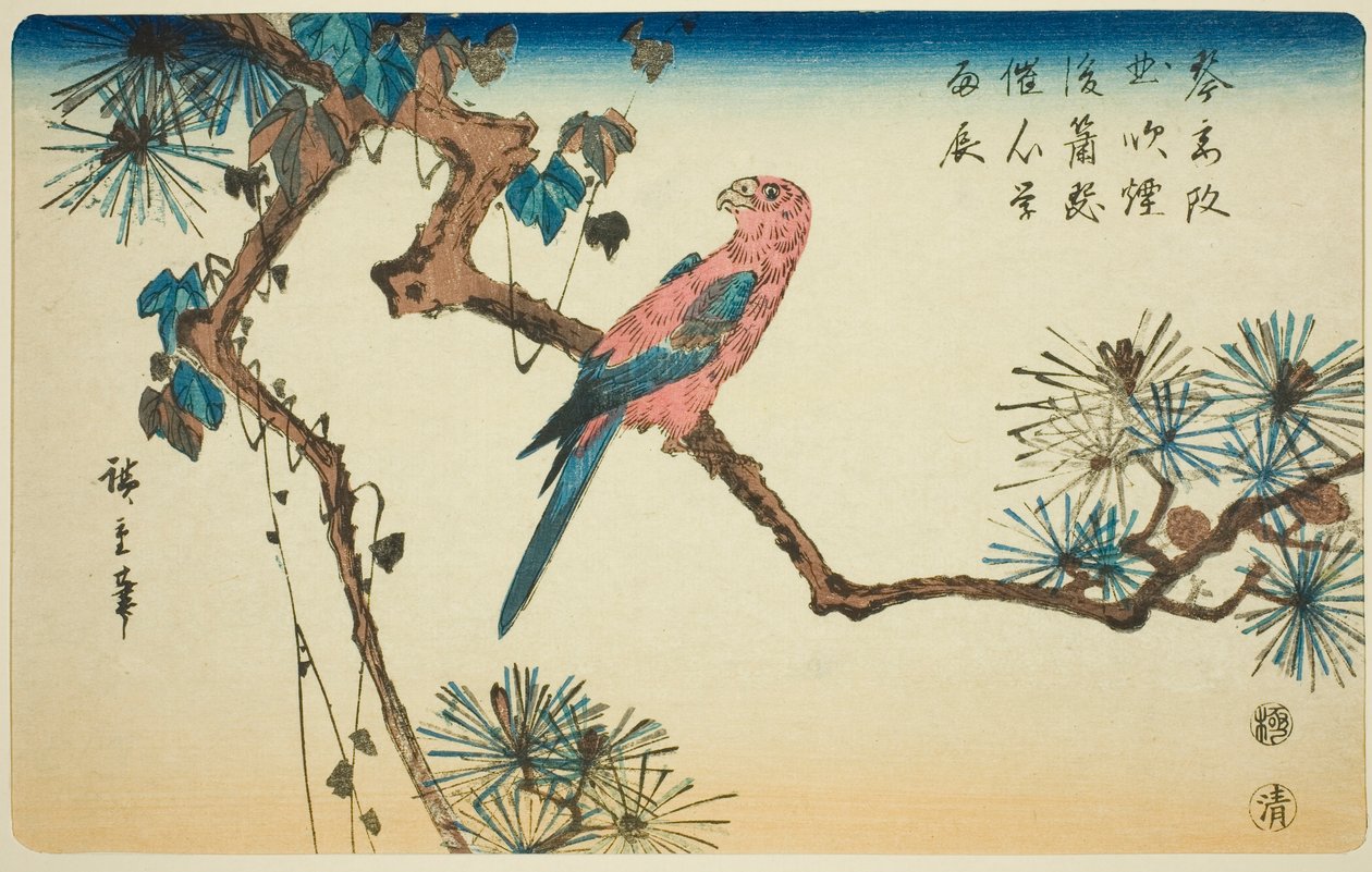 Arara em galho de pinheiro de Utagawa Hiroshige