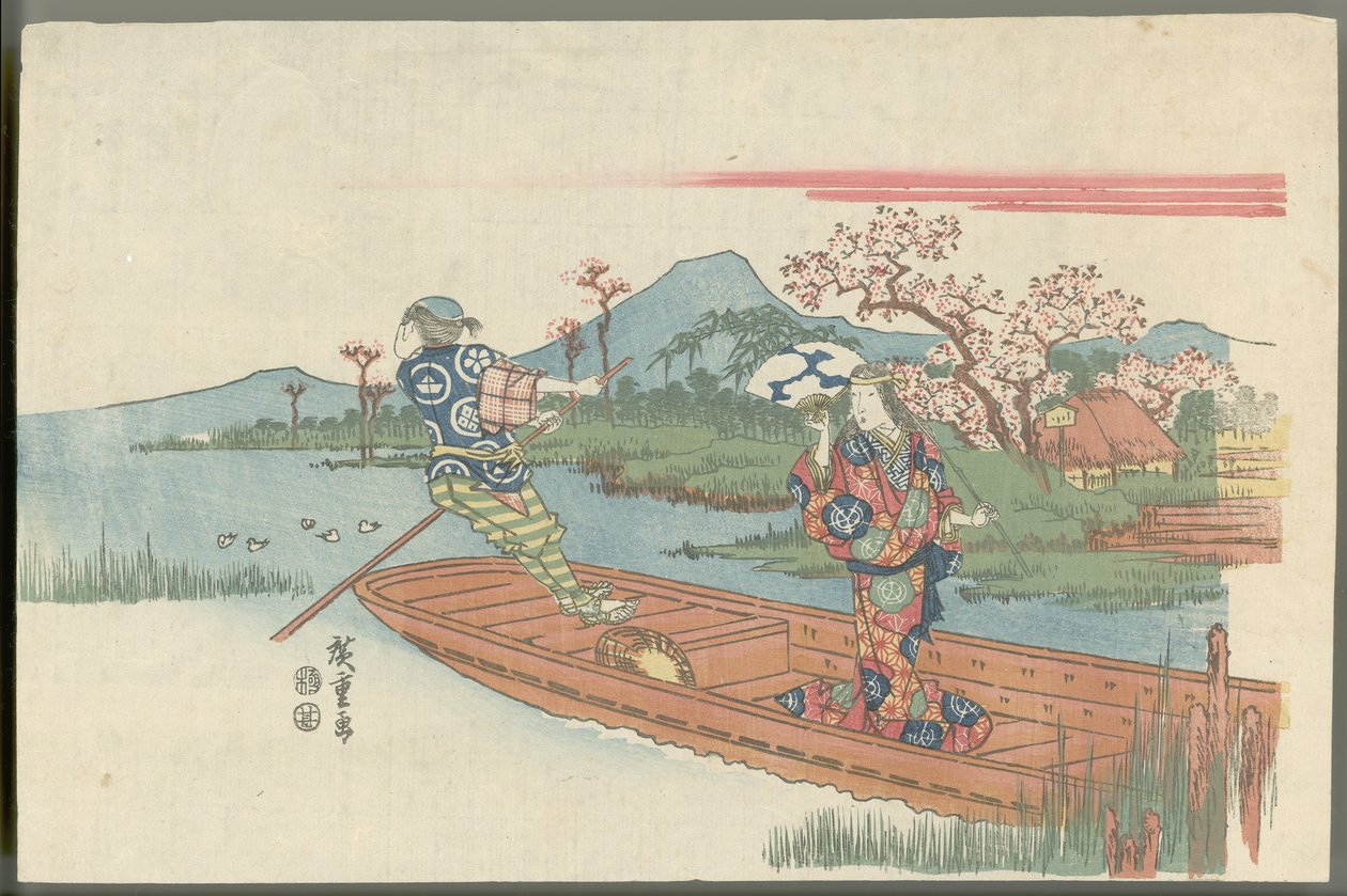 Mulher louca num ferry perto do templo Mokubōji (cena da peça de nō Sumidagawa) de Utagawa Hiroshige