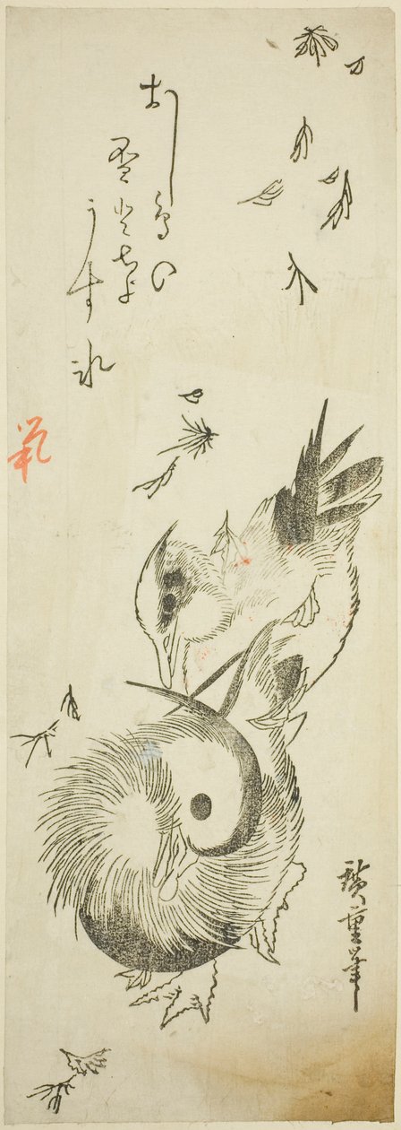 Patos mandarim cruzando lagoa gelada em meio a folhas caindo de Utagawa Hiroshige
