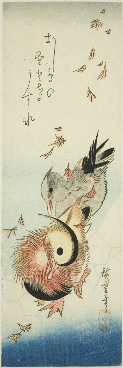 Patos mandarim cruzando lagoa gelada em meio a folhas caindo de Utagawa Hiroshige