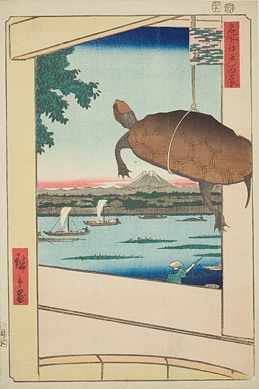 Ponte Mannen, Fukagawa (Fukagawa Mannenbashi), n.º 56 da série "Cem vistas famosas de Edo (Meisho Edo hyakkei)" de Utagawa Hiroshige