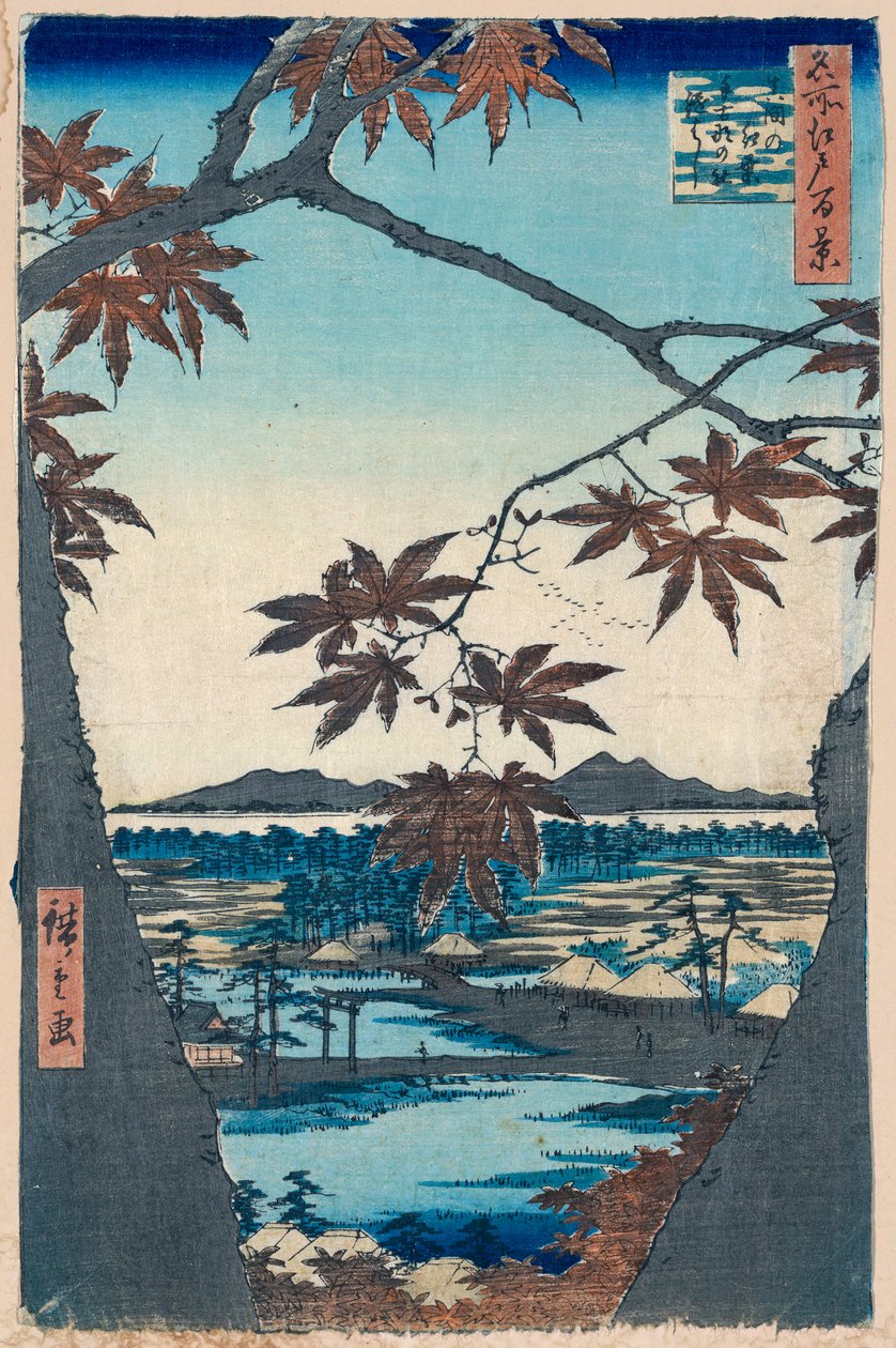 Maple Leaves and the Tekona Shrine and Bridge at Mama, 1856-1858. de Utagawa Hiroshige