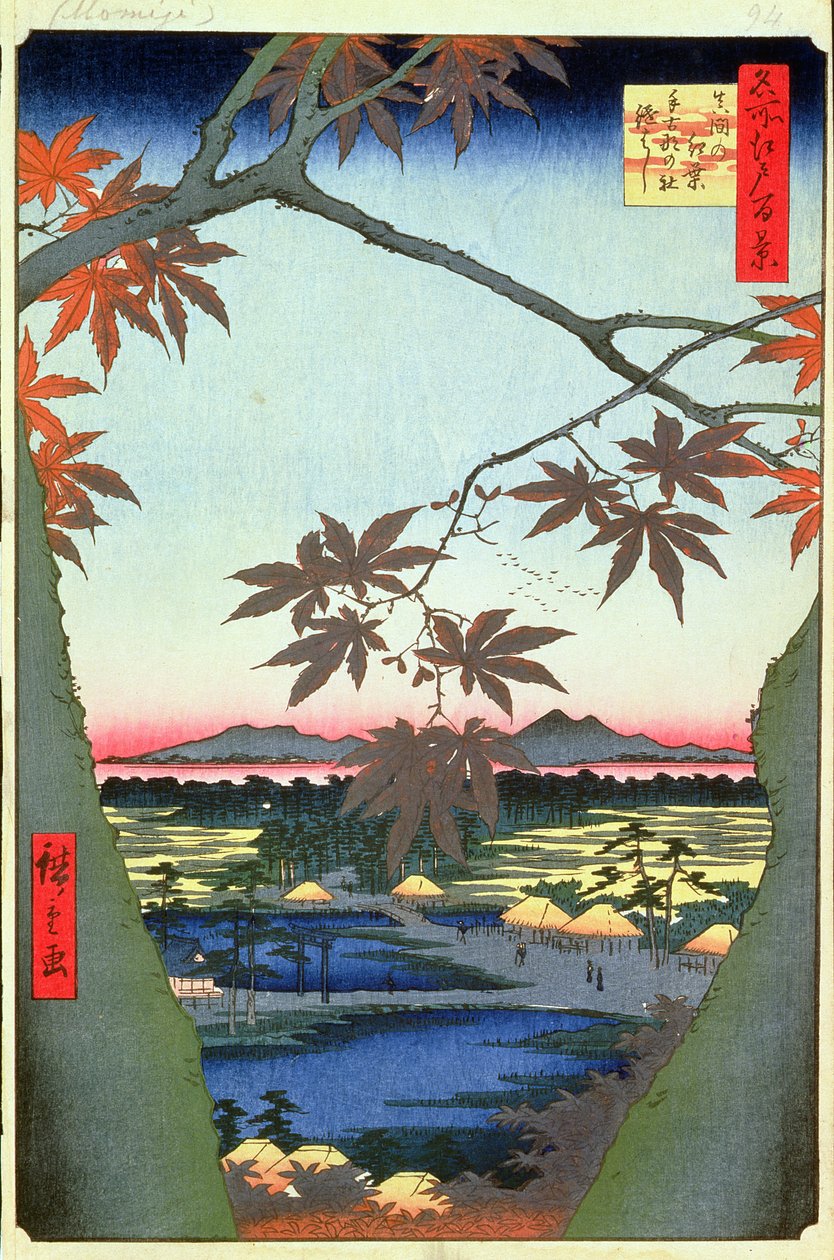 Árvores de Maple no Mam, Tekona Shrine e Linked Bridge, placa 94 da série Cem Vistas de Edo, Período Edo, Era Ansei, 1857 (xilogravura) de Utagawa Hiroshige