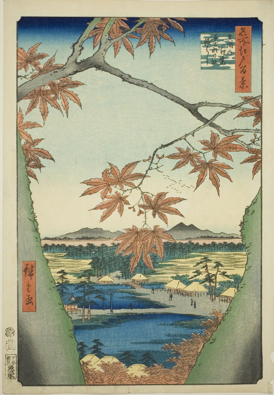 Maple Trees at Mama, Tekona Shrine and Tsugi Bridge (Mama no momiji, Tekona no yashiro, Tsugihashi), da série "One Hundred Famous Views of Edo (Meisho Edo hyakkei)" de Utagawa Hiroshige