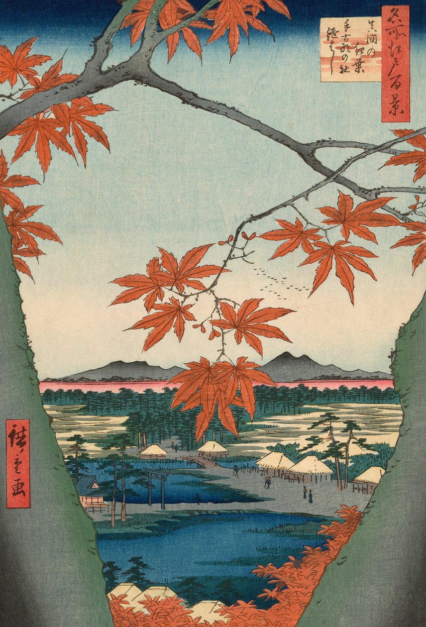 Maple Trees at Mama, Tekona Shrine and Tsugi Bridge (Mama no momiji, Tekona no yashiro, Tsugihashi), da série "Cem vistas famosas de Edo (Meisho Edo hyakkei)" de Utagawa Hiroshige