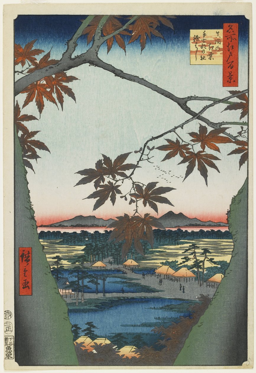 Maple Trees at Mama com vista para Tekona Shrine and Bridge, janeiro de 1857 de Utagawa Hiroshige