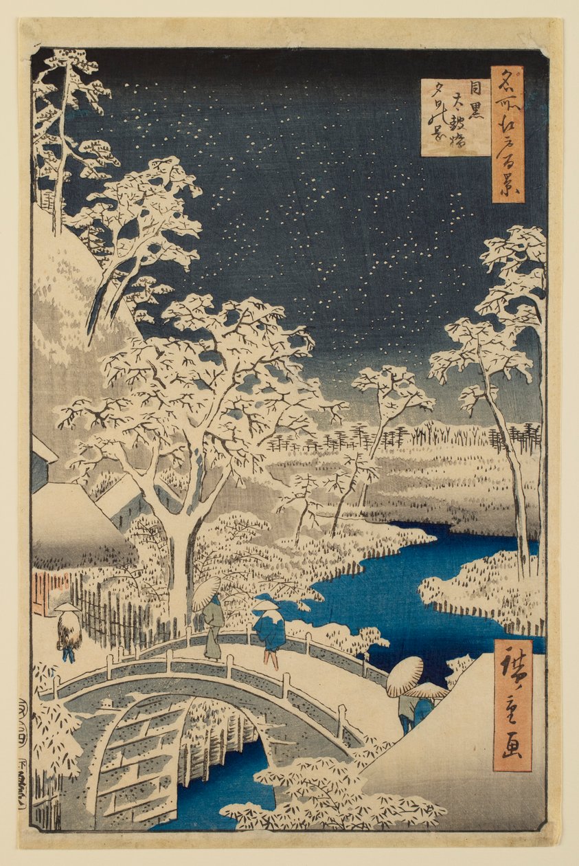 Ponte do Tambor de Meguro e Colina do Pôr do Sol, da série «Cem Vistas Famosas de Edo» de Utagawa Hiroshige