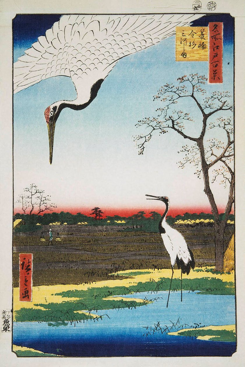 Ilha Mikawa, Kanasugi e Minowa cem vistas famosas de Edo, 1856-1 de Utagawa Hiroshige