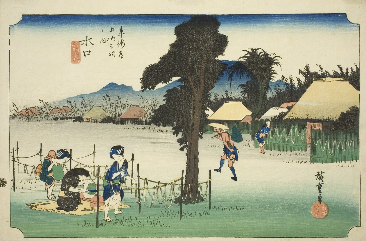 Minakuchi: Aparas de cabaça secas, uma especialidade local (Minakuchi, meibutsu kanpyo), da série "Cinquenta e três estações do Tokaido (Tokaido gojusan tsugi no uchi)", também conhecido como Hoeido Tokaido de Utagawa Hiroshige