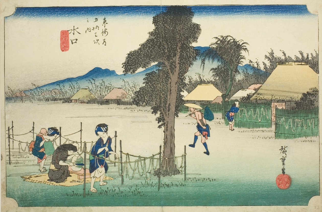 Minakuchi: Aparas de cabaça secas, uma especialidade local (Minakuchi, meibutsu kanpyo), da série "Cinquenta e três estações do Tokaido (Tokaido gojusan tsugi no uchi)", também conhecido como Hoeido Tokaido de Utagawa Hiroshige