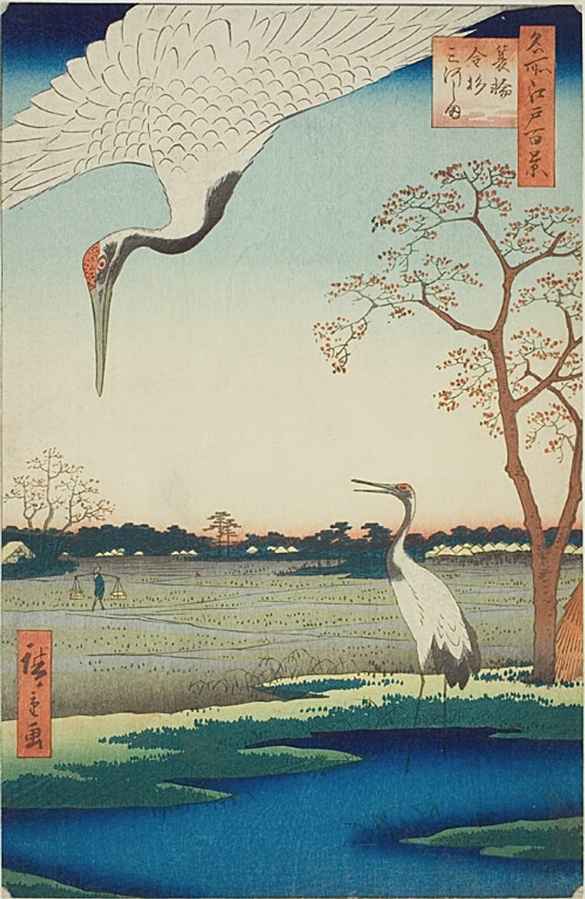 Minowa, Kanasugi, Mikawashima, n.º 102 da série "Cem vistas famosas de Edo (Meisho Edo hyakkei)" de Utagawa Hiroshige