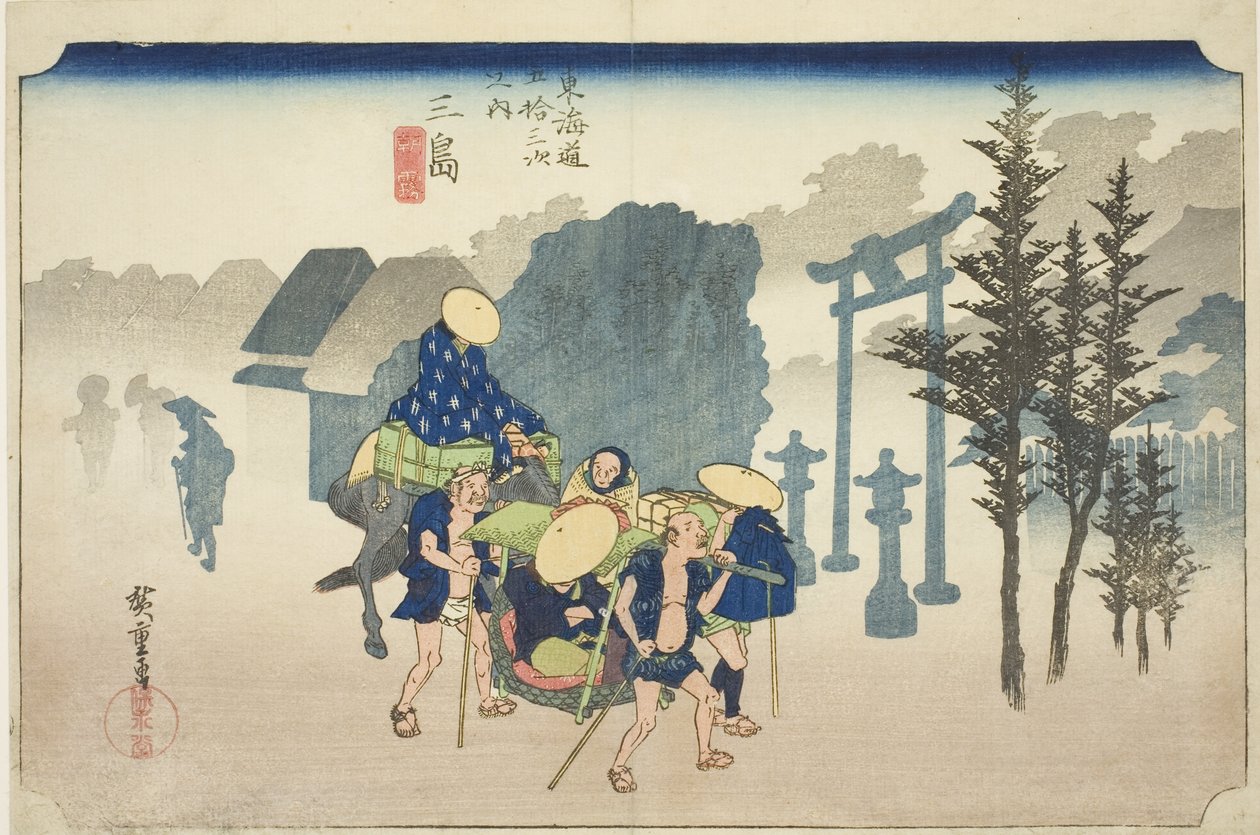 Mishima: Morning Mist (Mishima, asagiri), da série "Cinquenta e três estações da estrada Tokaido (Tokaido gojusan tsugi no uchi)", também conhecido como Hoeido Tokaido de Utagawa Hiroshige