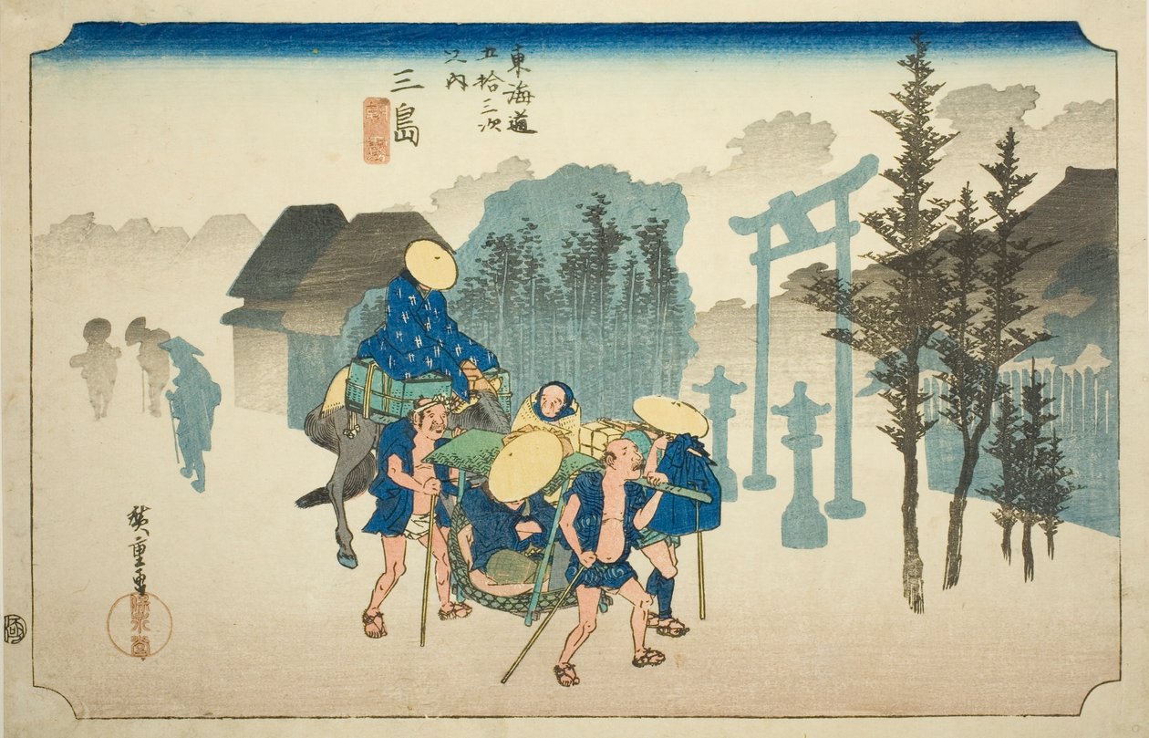 Mishima: Morning Mist (Mishima, asagiri), da série "Cinquenta e três estações da estrada Tokaido (Tokaido gojusan tsugi no uchi)", também conhecido como Hoeido Tokaido de Utagawa Hiroshige