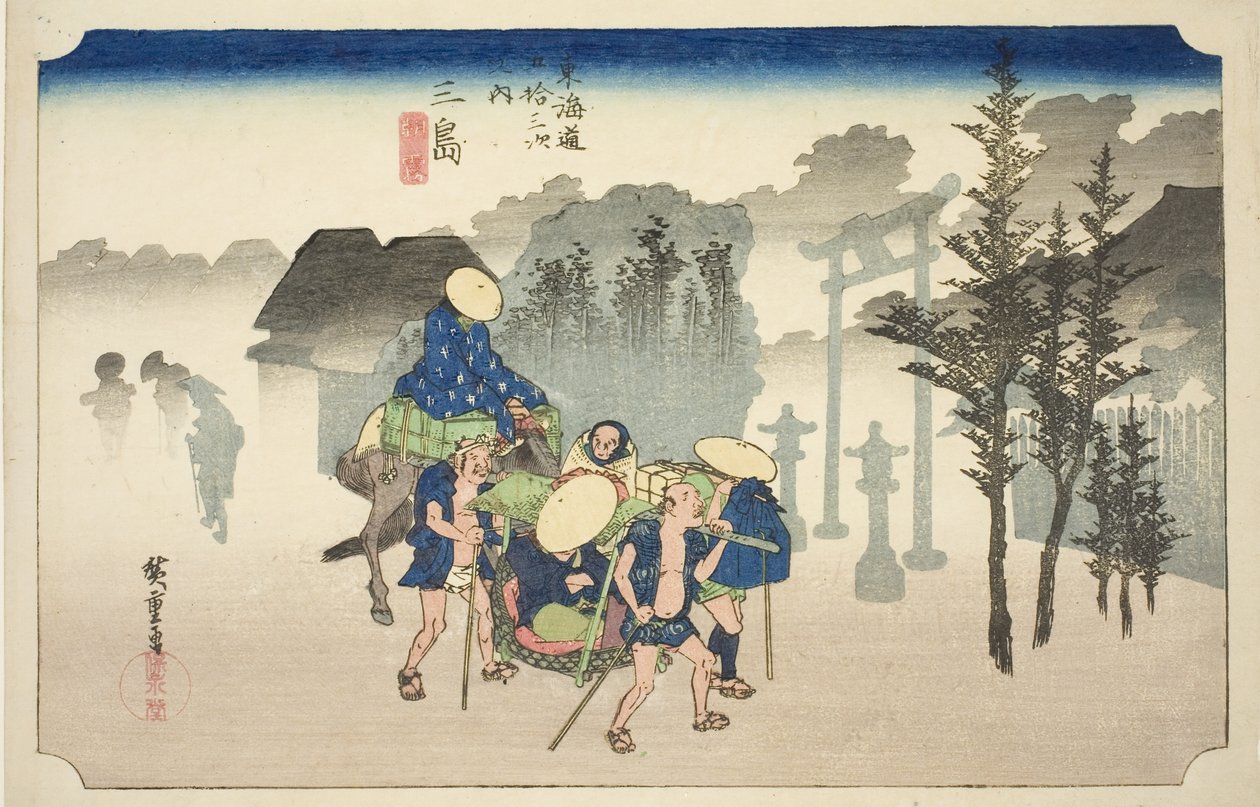 Mishima: Morning Mist (Mishima, asagiri), da série "Cinquenta e três estações da estrada Tokaido (Tokaido gojusan tsugi no uchi)", também conhecido como Hoeido Tokaido de Utagawa Hiroshige