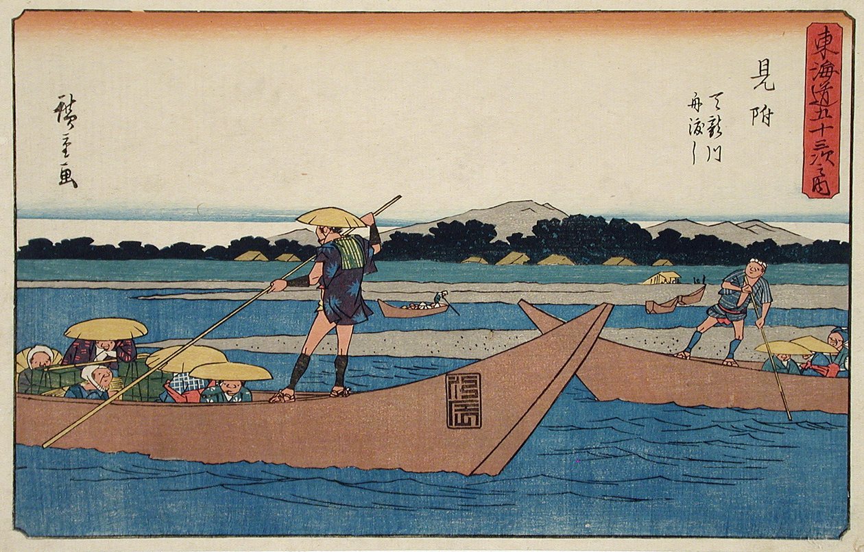 Mitsuke: Travessia de ferry no rio Tenryū de Utagawa Hiroshige