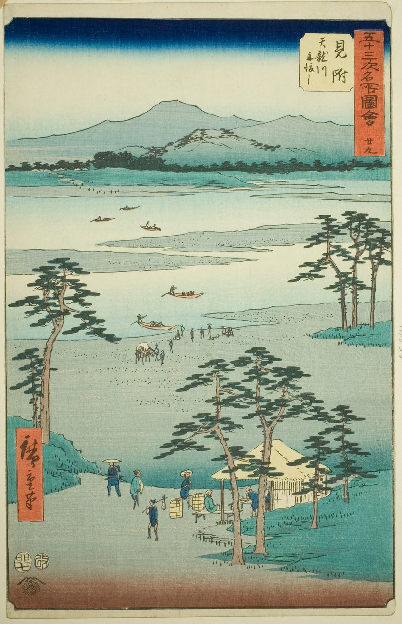 Mitsuke: Balsa no Rio Tenryu (Mitsuke, Tenryugawa funewatashi), nº 29 da série "Famous Sights of the Fifty-three Stations (Gojusan tsugi meisho zue)", também conhecido como Vertical Tokaido de Utagawa Hiroshige