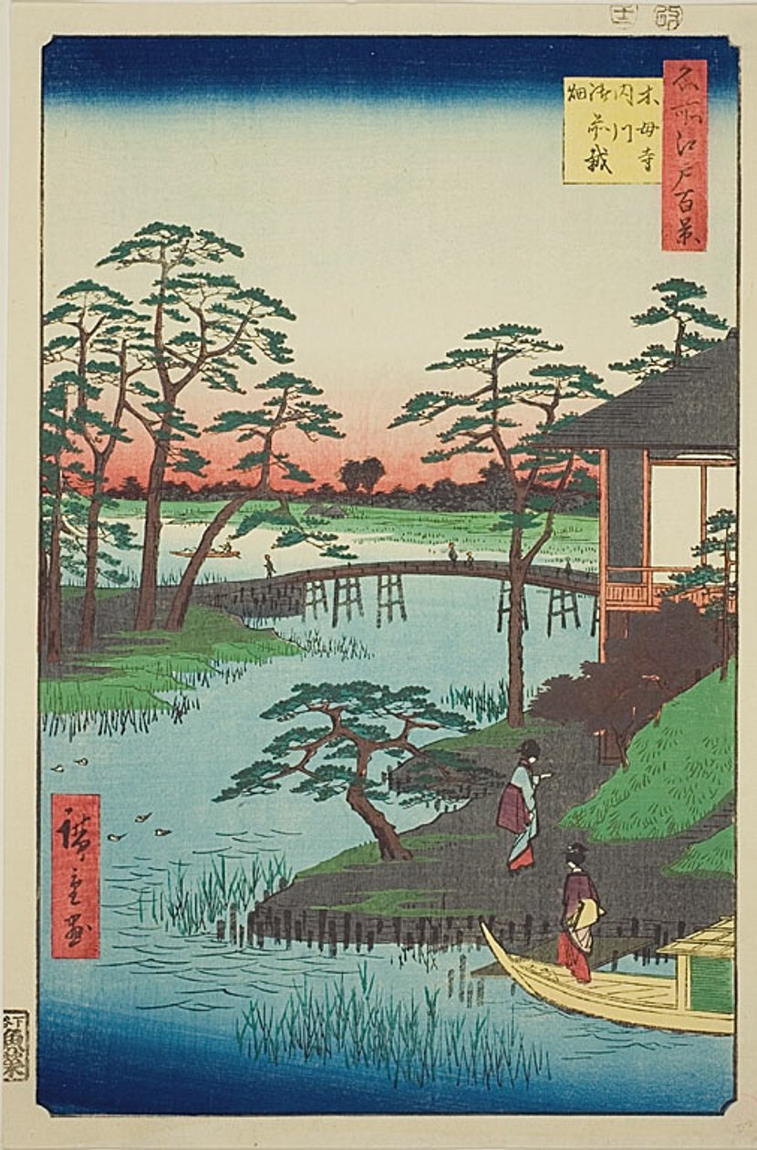 Templo de Mokubo, enseada de Uchigawa, Gozensaihata (Mokuboji Uchigawa Gozensaihata), n.o 92 da série "Cem vistas famosas de Edo (Meisho Edo hyakkei)" de Utagawa Hiroshige