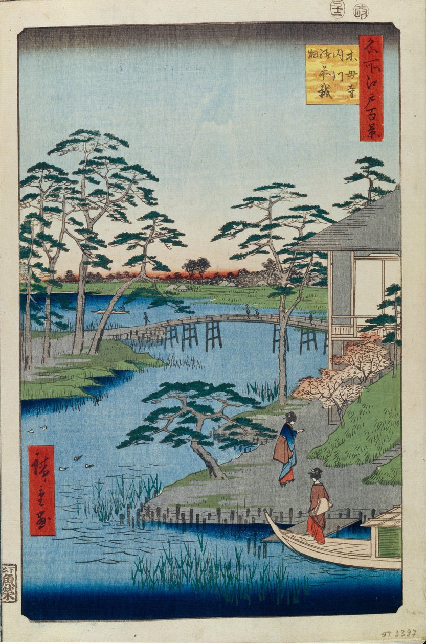 Templo de Mokuboji e campos de vegetais na entrada de Uchigawa Cem vistas famosas de Edo, 1856-1858 de Utagawa Hiroshige