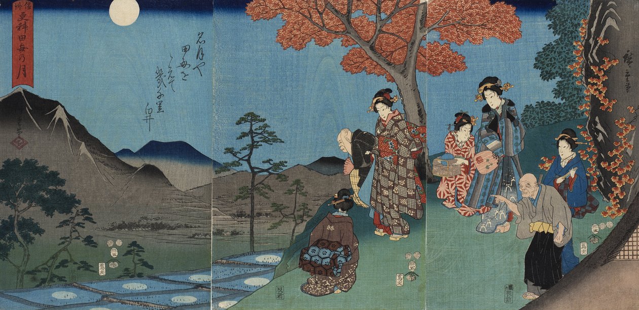 A lua reflectida nos arrozais de Sarashina, na província de Shinano de Utagawa Hiroshige