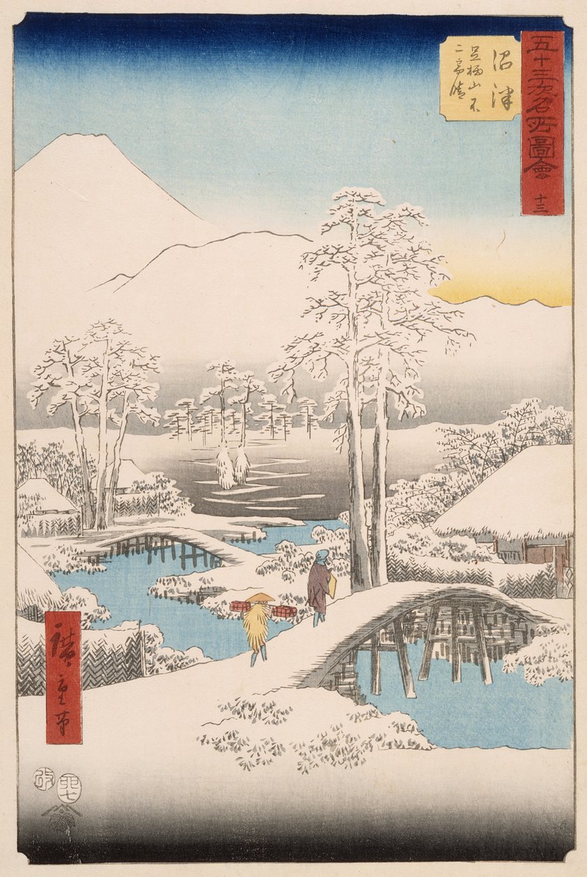 O Monte Fuji e o Monte Ashigara vistos de Numazu num dia de céu limpo, após uma queda de neve de Utagawa Hiroshige