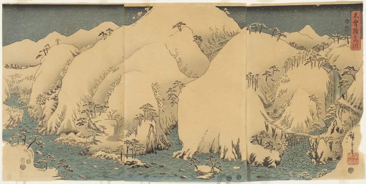 Montanha e rio na passagem de Kiso, agosto de 1857 de Utagawa Hiroshige