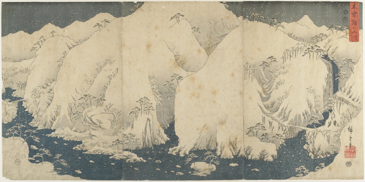 Montanha e rio na passagem de Kiso, agosto de 1857 de Utagawa Hiroshige