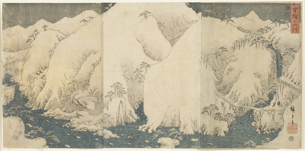 Montanha e rio na passagem de Kiso, agosto de 1857 de Utagawa Hiroshige