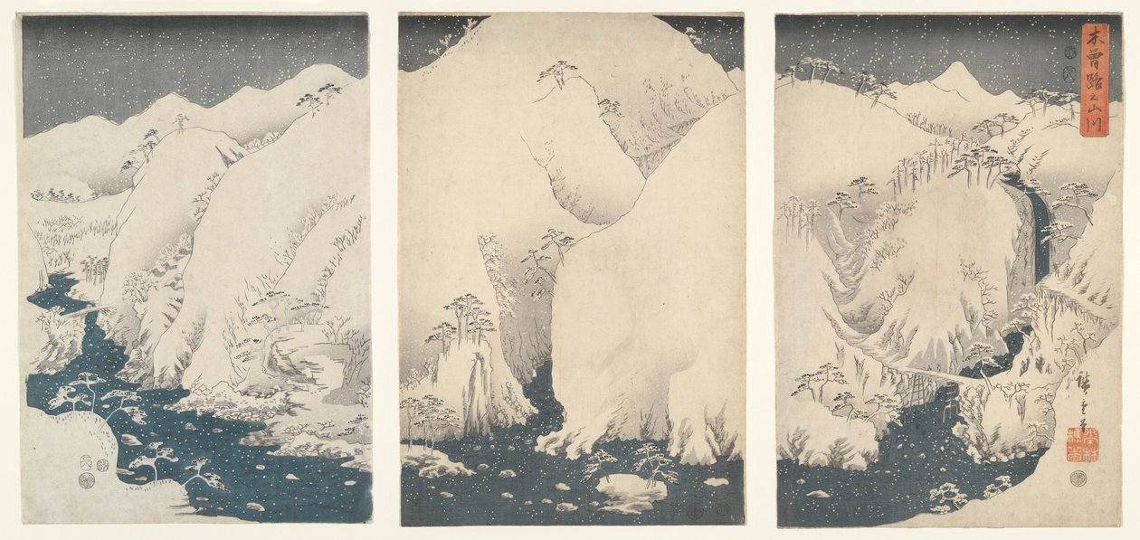 Montanhas e Rios ao longo da auto-estrada Kiso sob a neve de Utagawa Hiroshige
