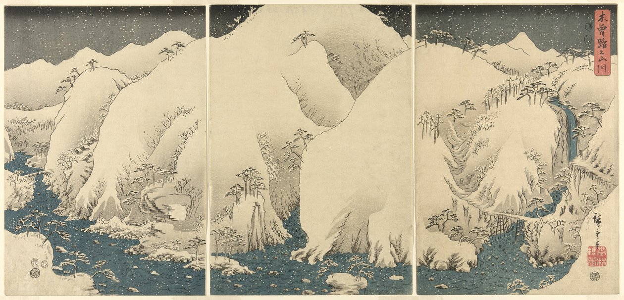 Montanhas e rios na estrada de Kiso (Kisoji no yamakawa), de uma série sem título de trípticos de Utagawa Hiroshige