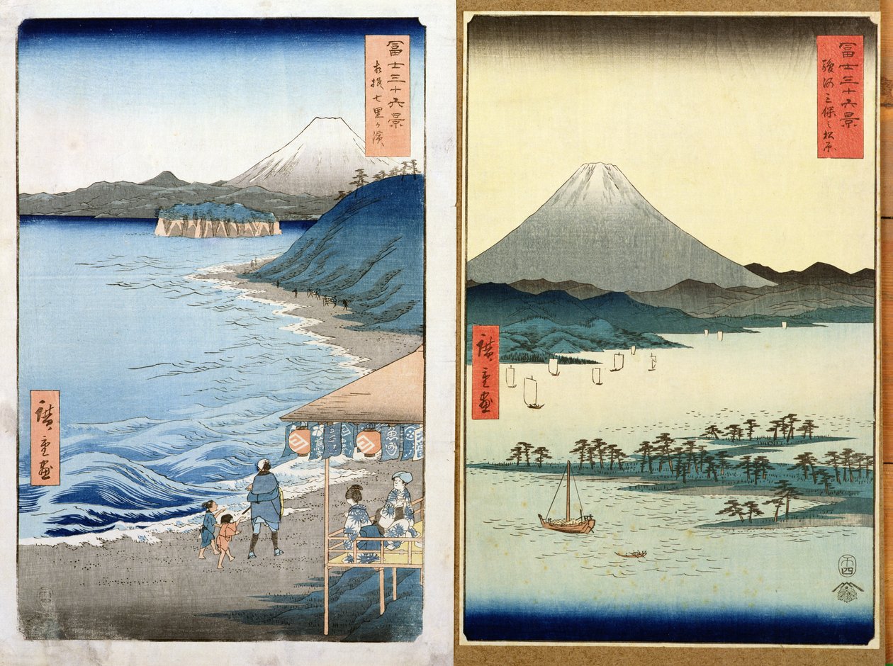 Montanhas e litoral, dois pontos de vista de &39;36 vistas do Monte Fuji &39;, pub. por Kosheihei, 1853, (impressão do woodblock da cor) de Utagawa Hiroshige