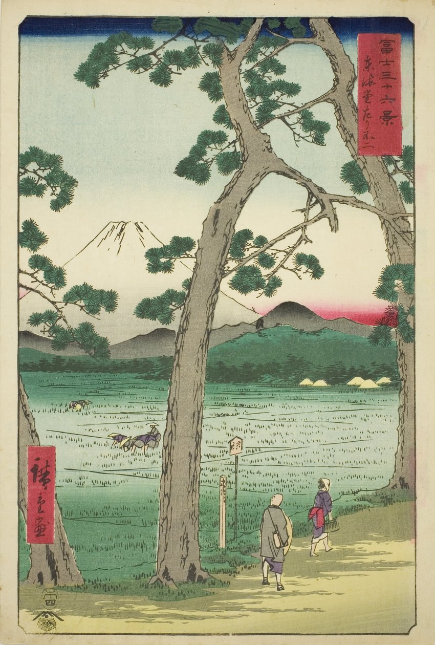 Mout Fuji visto da esquerda no Tokaido (Tokaido hidari Fuji), da série "Trinta e seis vistas do Monte Fuji (Fuji sanjurokkei)" de Utagawa Hiroshige