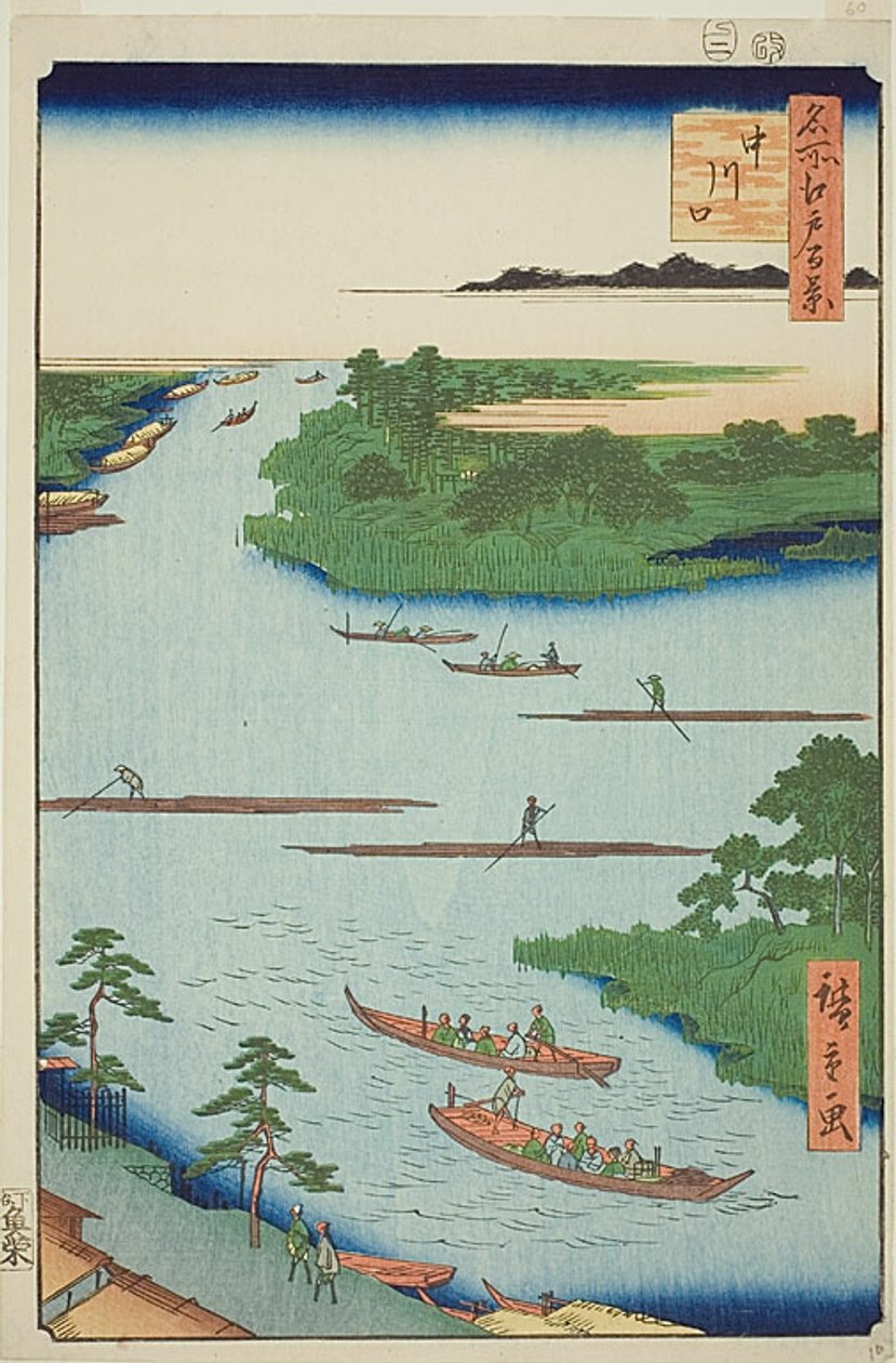 Boca do rio Nakawaga (Nakagawaguchi), n.º 70 da série "Cem vistas famosas de Edo (Meisho Edo hyakkei)" de Utagawa Hiroshige