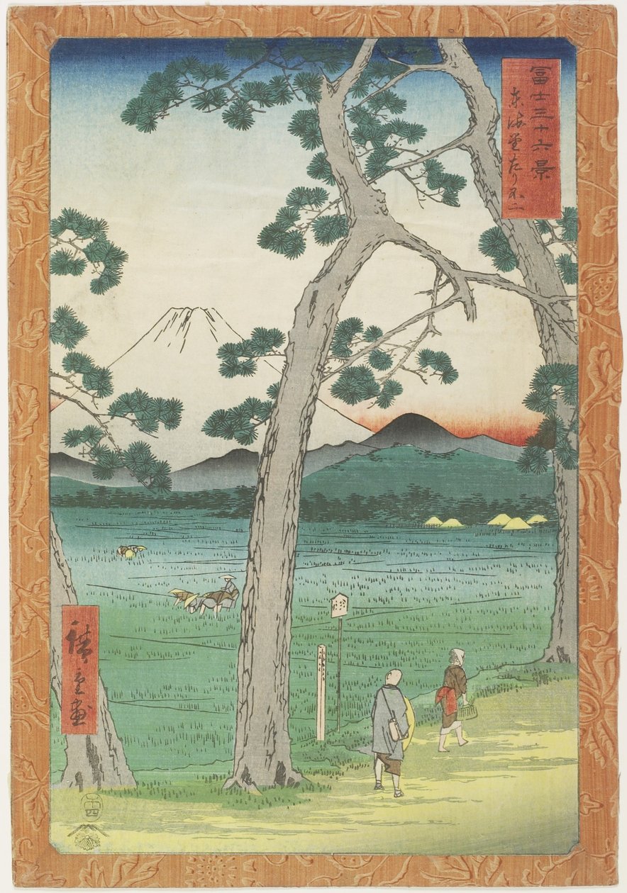 Mt. Fuji na esquerda visto de To_kaido_ Road, abril de 1858 de Utagawa Hiroshige