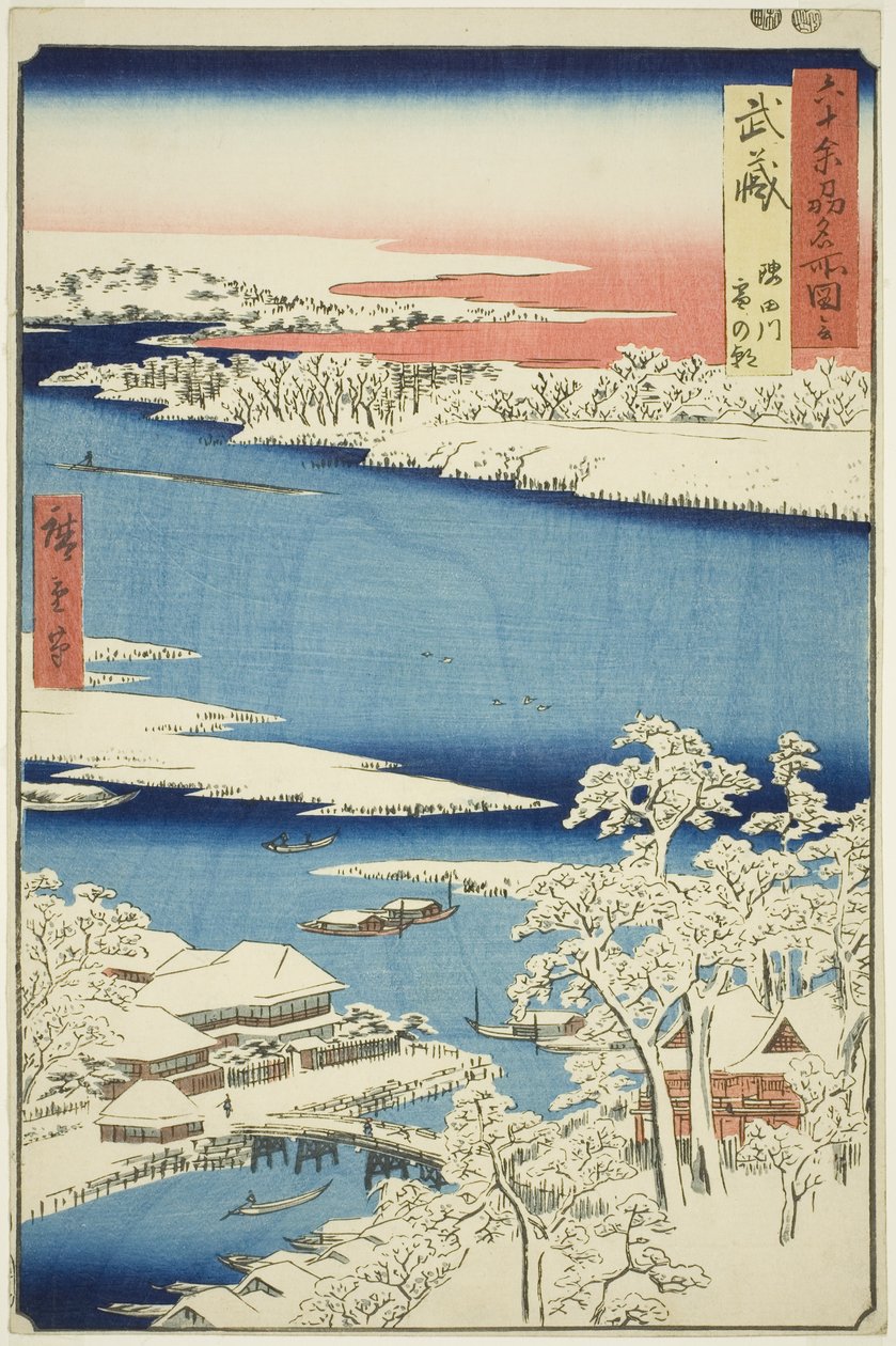 Província de Musashi: Manhã após a neve no rio Sumida (Musashi, Sumidagawa yuki no ashita), da série "Lugares famosos nas sessenta e poucas províncias (Rokujuyoshu meisho zue)" de Utagawa Hiroshige