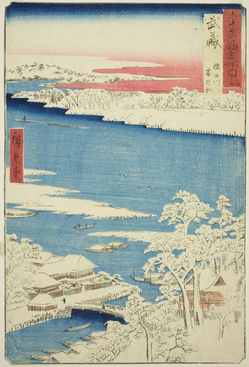 Província de Musashi: Manhã após a neve no rio Sumida (Musashi, Sumidagawa yuki no ashita), da série "Lugares famosos nas sessenta e poucas províncias (Rokujuyoshu meisho zue)" de Utagawa Hiroshige