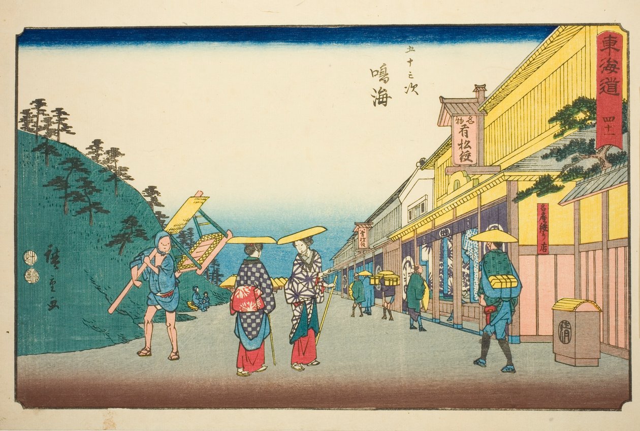 Narumi: Lojas que vendem o famoso tecido tingido (Narumi, meisan shibori mise)—No. 41, da série "Cinquenta e três estações do Tokaido (Tokaido gojusan tsugi)", também conhecido como Reisho Tokaido de Utagawa Hiroshige