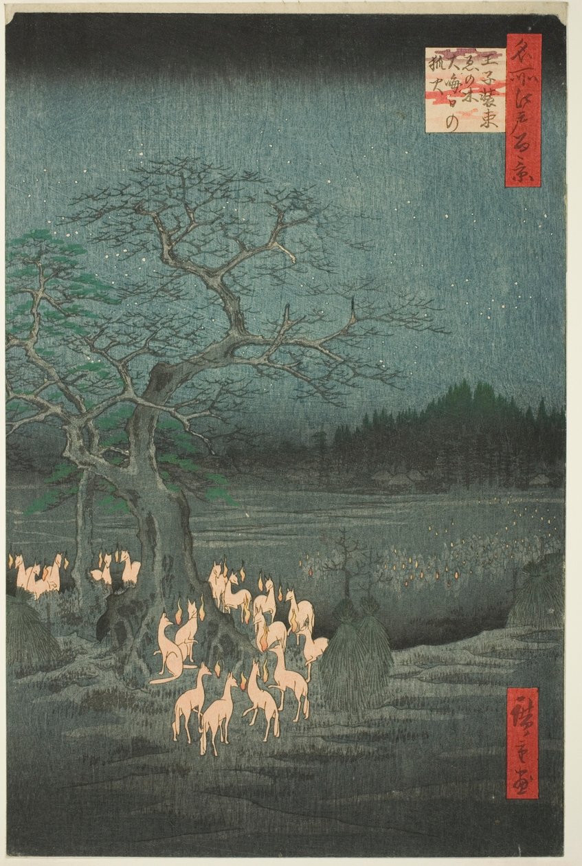 Véspera de Ano Novo Fox Fire at the Changing Tree (Ōji shozoku enoki omisoka no kitsunebi), da série One Hundred Famous Views of Edo (Meisho Edo hyakkei) de Utagawa Hiroshige