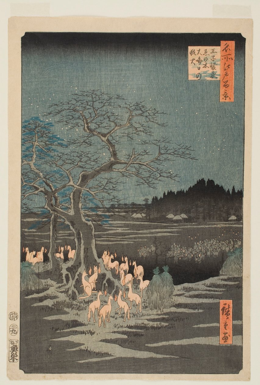 Fogos de artifício na véspera de Ano Novo junto à Árvore que Muda, em Ōji, da série «Cem Vistas Famosas de Edo» de Utagawa Hiroshige