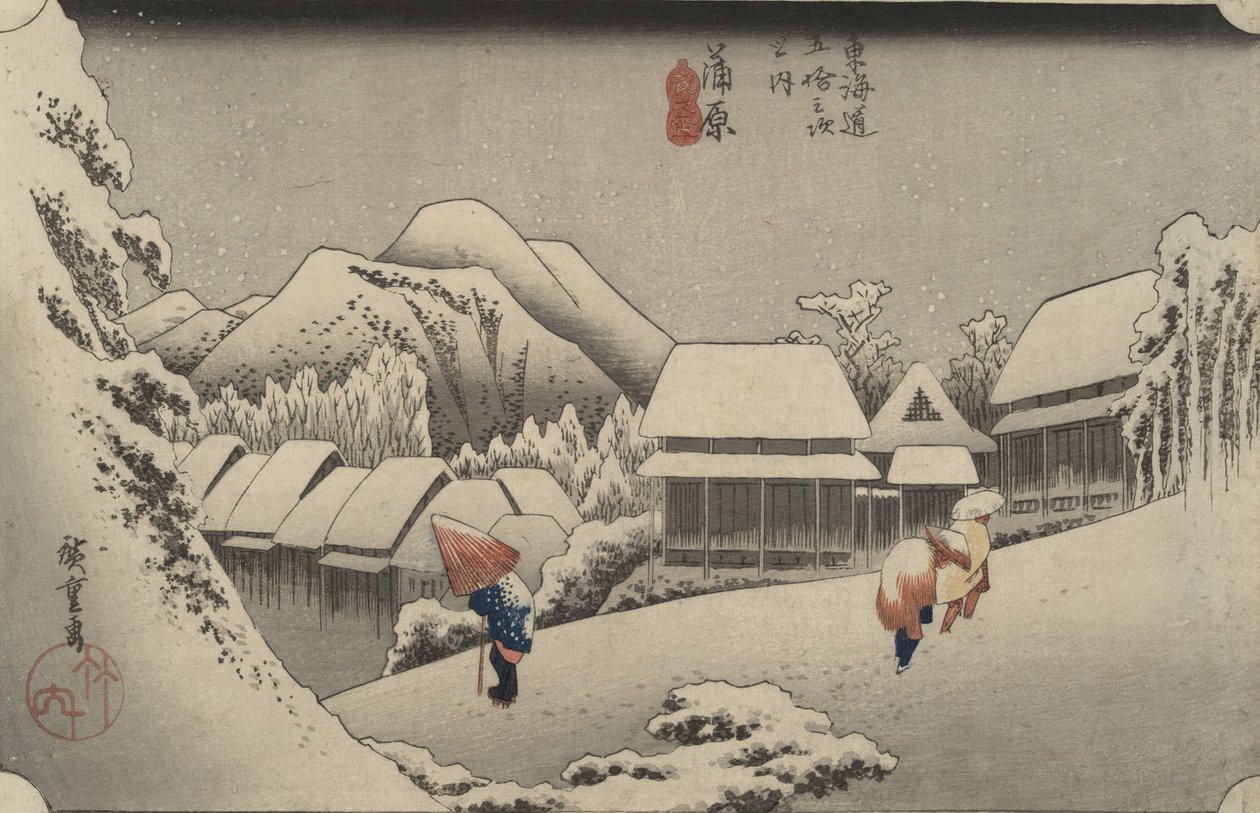 Neve nocturna em Kanbara, da série As cinquenta e três estações do Tōkaidō de Utagawa Hiroshige