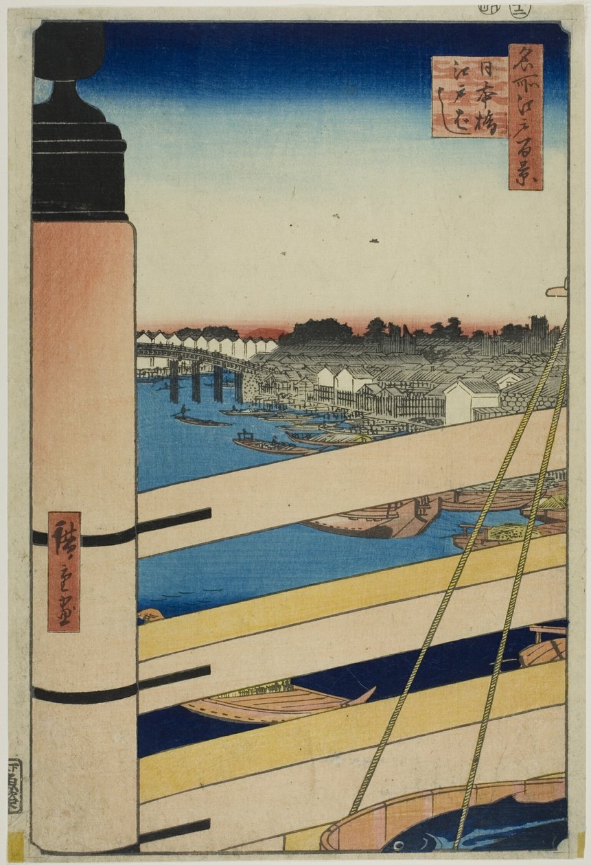 Ponte Nihon e Ponte Edo (Nihonbashi, Edobashi), da série "Cem vistas famosas de Edo (Meisho Edo hyakkei)" de Utagawa Hiroshige