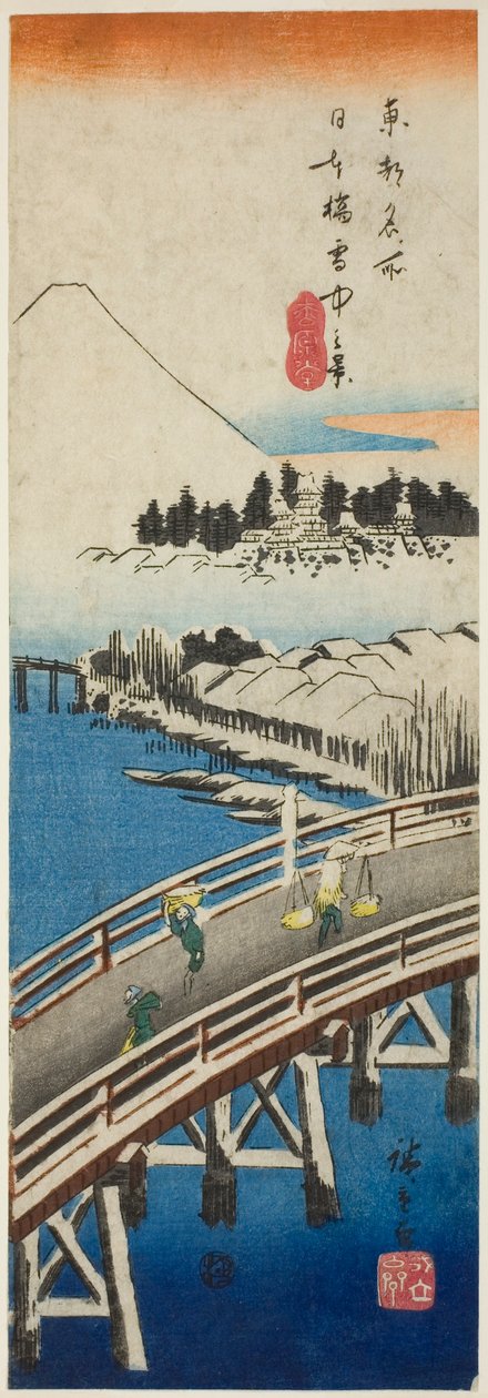 Ponte Nihon vista na neve (Nihonbashi setchu no kei), da série "Vistas Famosas da Capital Oriental (Toto meisho)" de Utagawa Hiroshige