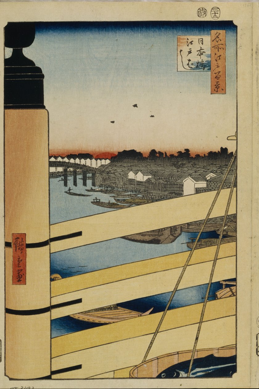 Nihonbashi e Edobashi Pontes Cem Vistas Famosas de Edo, 1856-1858 de Utagawa Hiroshige
