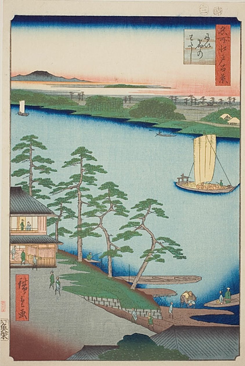 Balsa de Niijuku (Niijuku no watashi), n.o 93 da série "Cem vistas famosas de Edo (Meisho Edo hyakkei)" de Utagawa Hiroshige