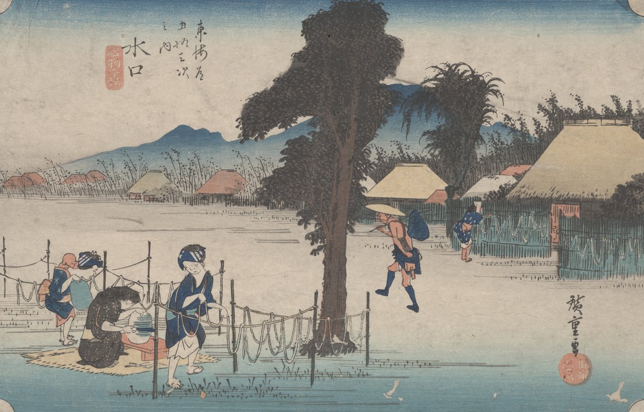 No. 51 &39;Minakuchi: famosas cavas de cabaço secas&39; de 53 estações do Tokaido, c.1833 de Utagawa Hiroshige
