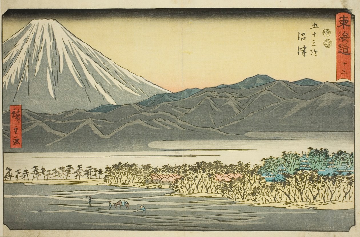 Numazu—Não. 13, da série "Cinquenta e três estações do Tokaido (Tokaido gojusan tsugi)", também conhecido como Reisho Tokaido de Utagawa Hiroshige