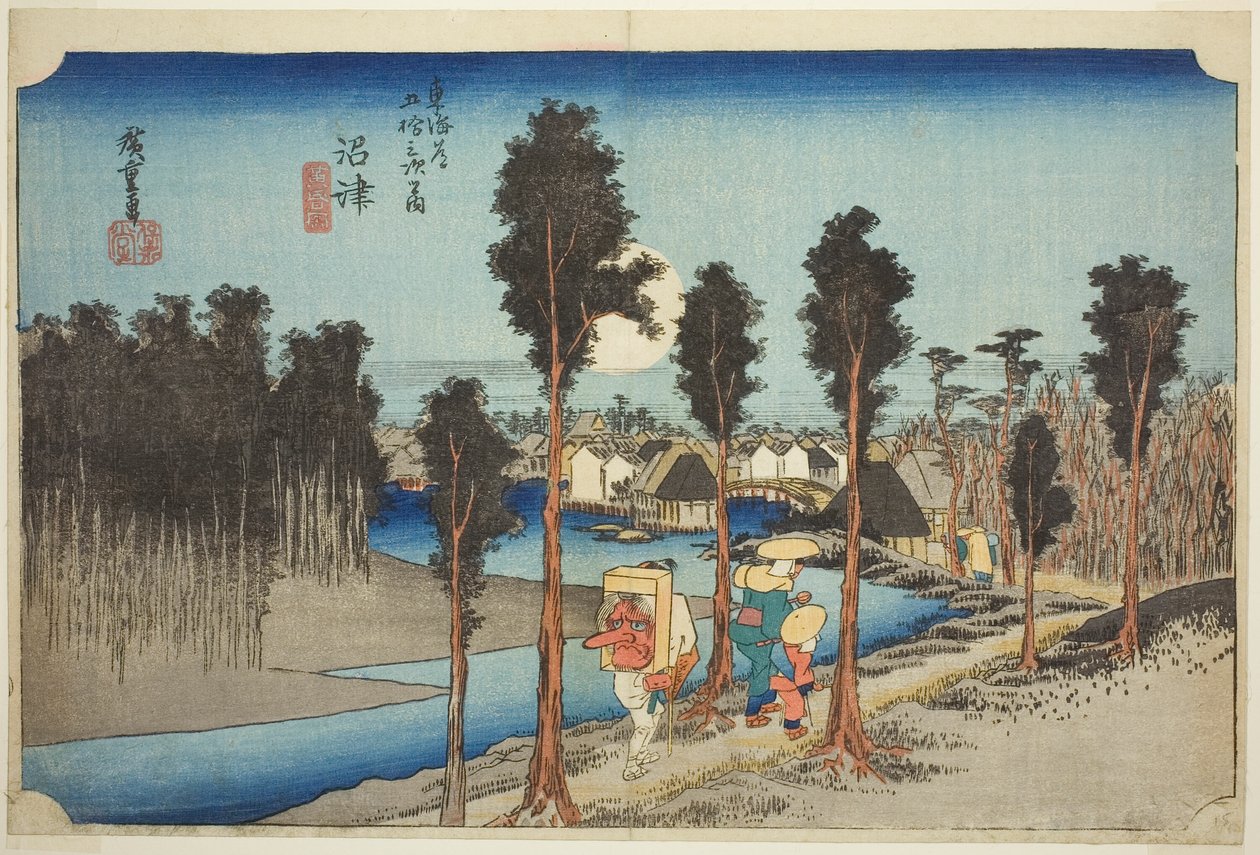 Numazu: Twilight (Numazu, tasogare zu), da série "Cinquenta e três estações da estrada de Tokaido (Tokaido gojusan tsugi no uchi)", também conhecido como Hoeido Tokaido de Utagawa Hiroshige
