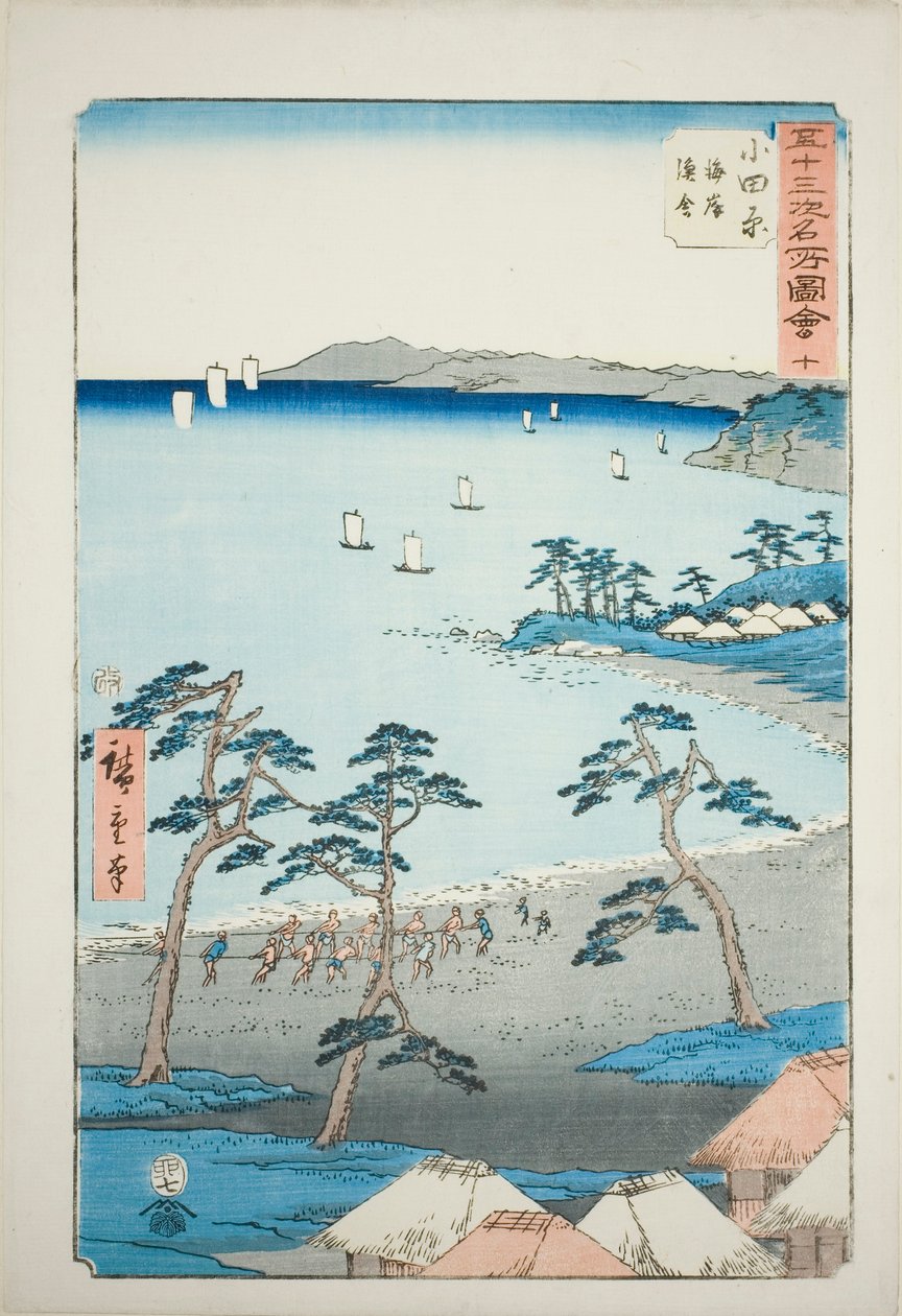 Odawara: Casas de Pescadores na Praia (Odawara, kaigan gyosha), n.º 10 da série "Paisagens Famosas das Cinquenta e Três Estações (Gojusan tsugi meisho zue)", também conhecida como Tokaido Vertical de Utagawa Hiroshige